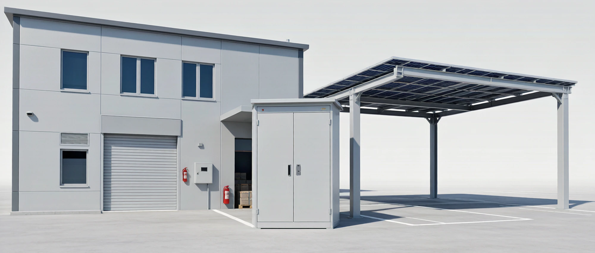 Concept visualization of a commercial and industrial energy storage scenario: outdoor battery cabinet, solar canopy and grid application. Illustrative rendering for reference; actual systems may vary.
