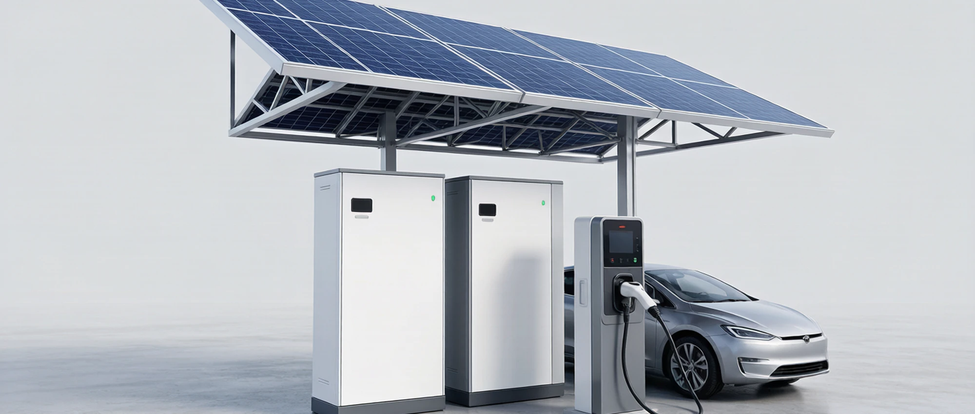 Concept visualization of an EV charging and storage scenario: charging station, ESS cabinet and solar canopy. Illustrative rendering for reference; actual systems may vary.