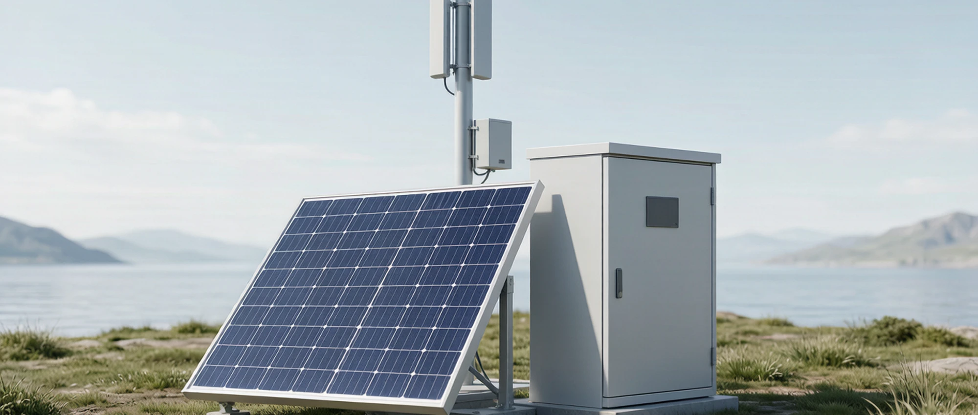 Concept visualization of a remote off-grid power scenario: solar panels, battery enclosure and telecom or cabin application. Illustrative rendering for reference; actual systems may vary.
