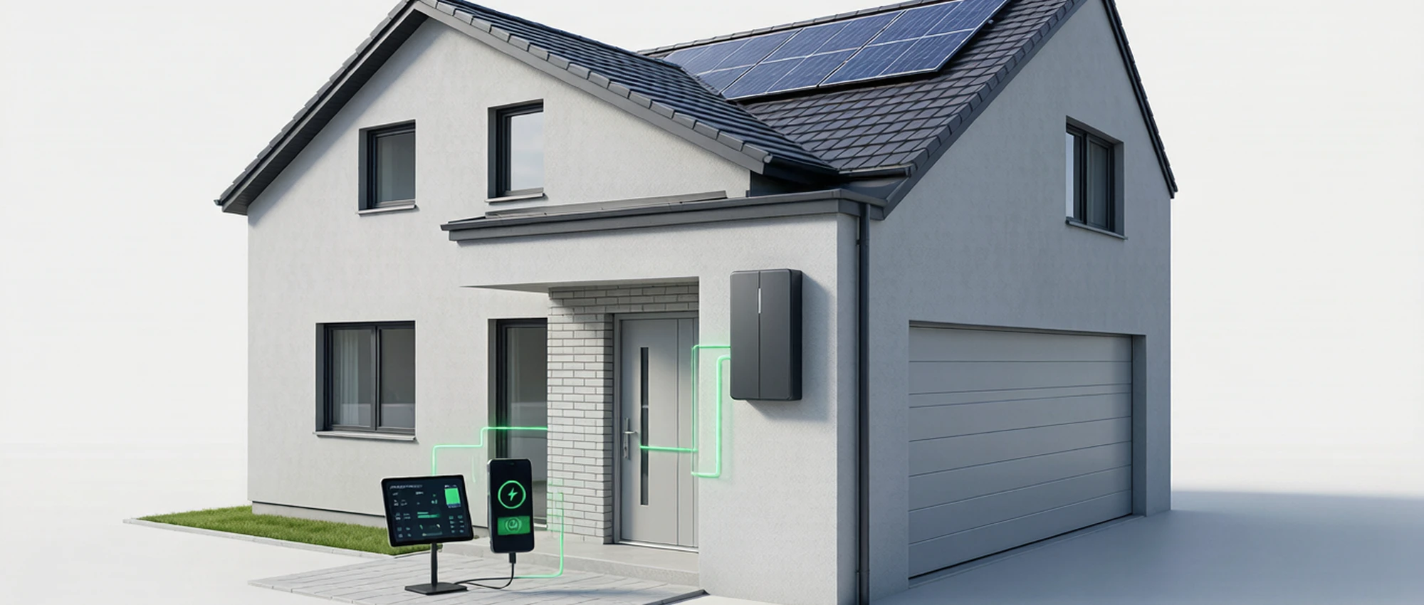 Concept visualization of a residential energy storage scenario: wall-mounted battery, rooftop solar and home energy management. Illustrative rendering for reference; actual installation may vary.
