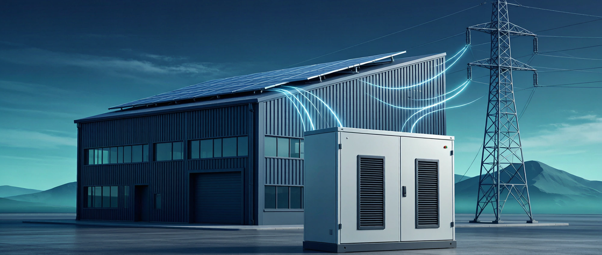 Concept visualization: a commercial building with rooftop solar and an outdoor battery energy storage cabinet connected to the grid.