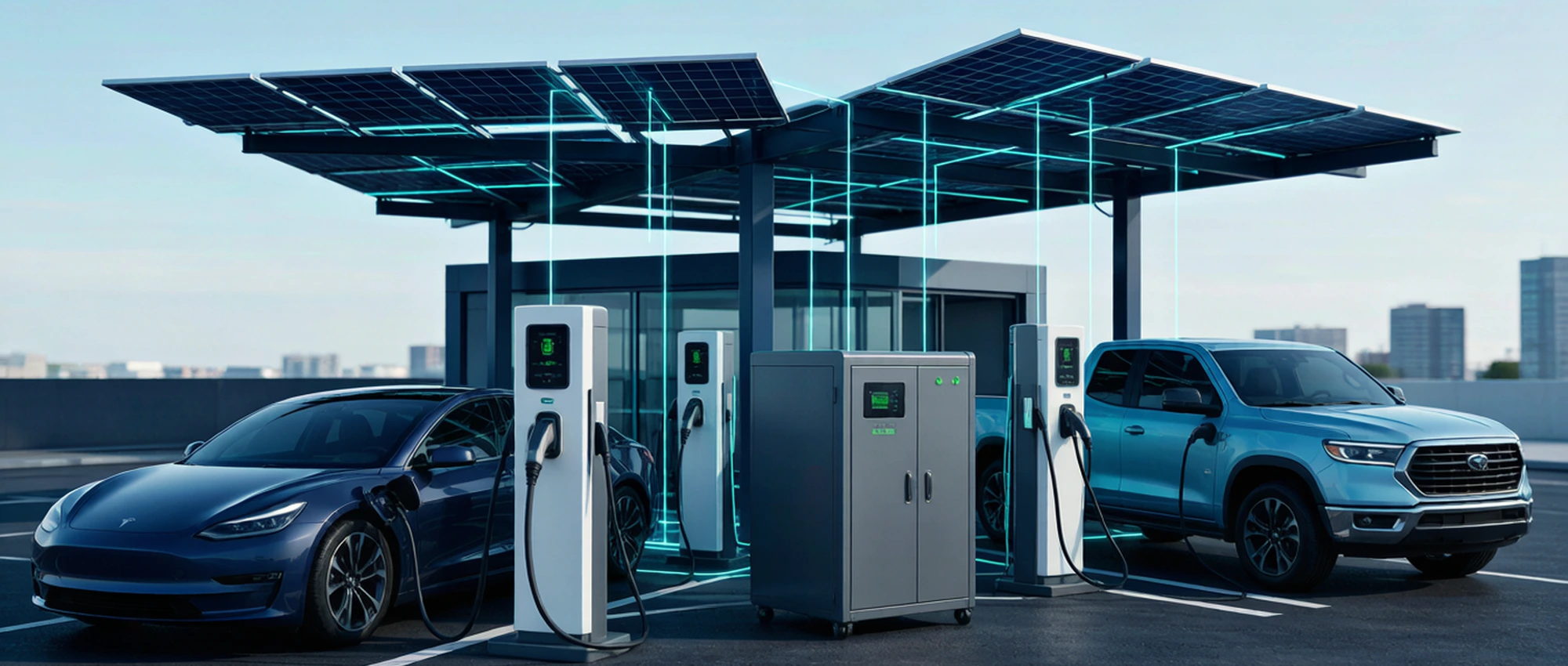 Concept visualization: an EV charging hub supported by a battery storage cabinet to balance grid demand.