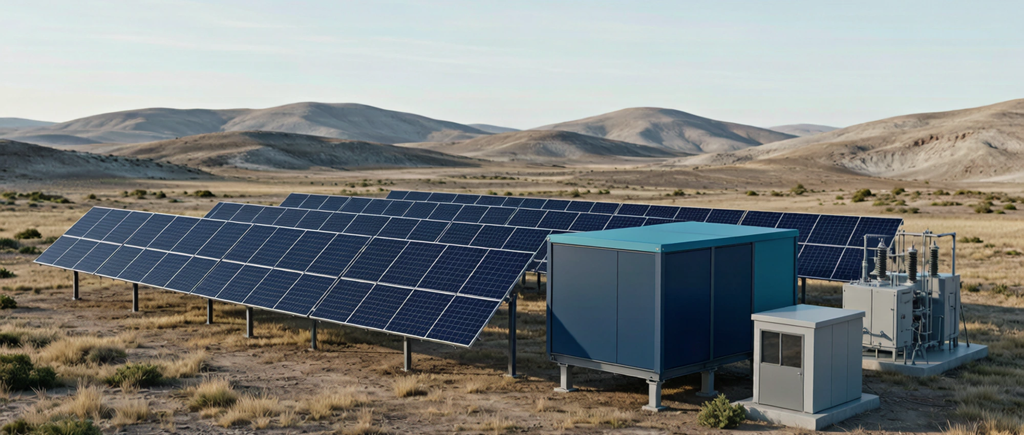 Concept visualization: a remote off-grid site powered by solar and battery storage with local monitoring.