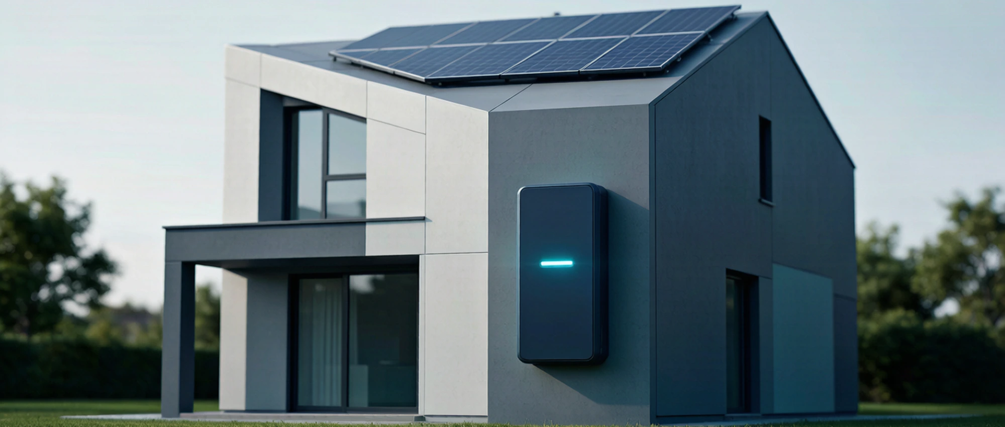Concept visualization: a residential rooftop solar PV system paired with a home battery for backup power.